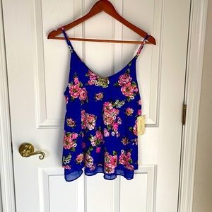 Small, spaghetti strap, royal blue and pink floral Sweet Wanderer top